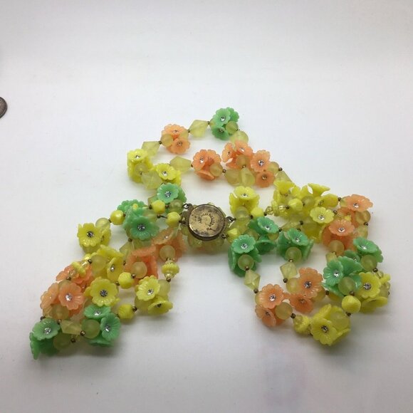 West Germany Plastic Flower Necklace Double Strand Cluster Floral Yellow Orange - Picture 4 of 4